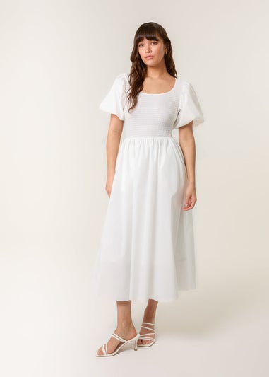 Blue Vanilla Ivory Puff Sleeve Mix Fabric Midi Dress