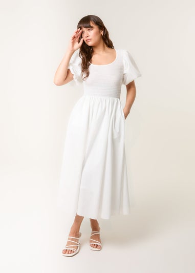 Blue Vanilla Ivory Puff Sleeve Mix Fabric Midi Dress