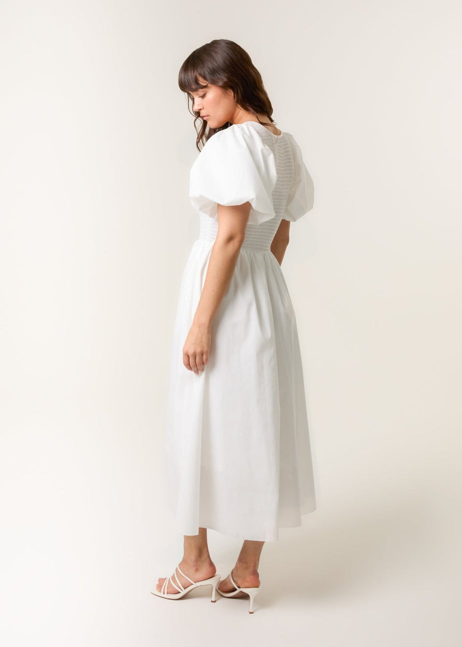 Blue Vanilla Ivory Puff Sleeve Mix Fabric Midi Dress