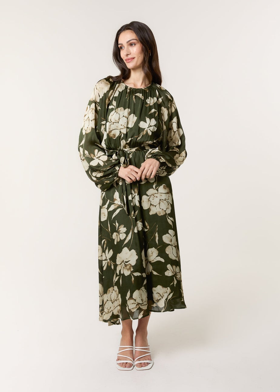 Blue Vanilla Khaki Satin Elastic Waist Midi Dress