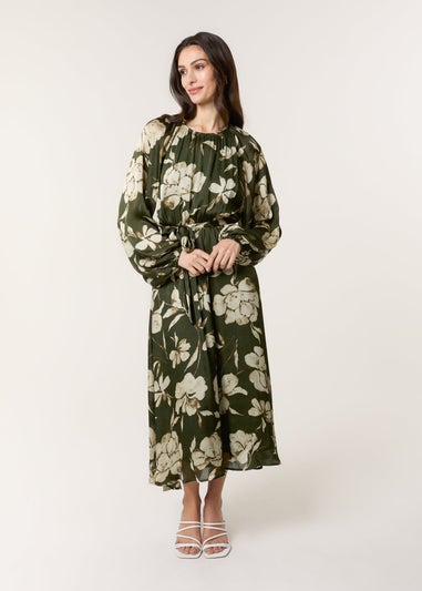 Blue Vanilla Khaki Satin Elastic Waist Midi Dress