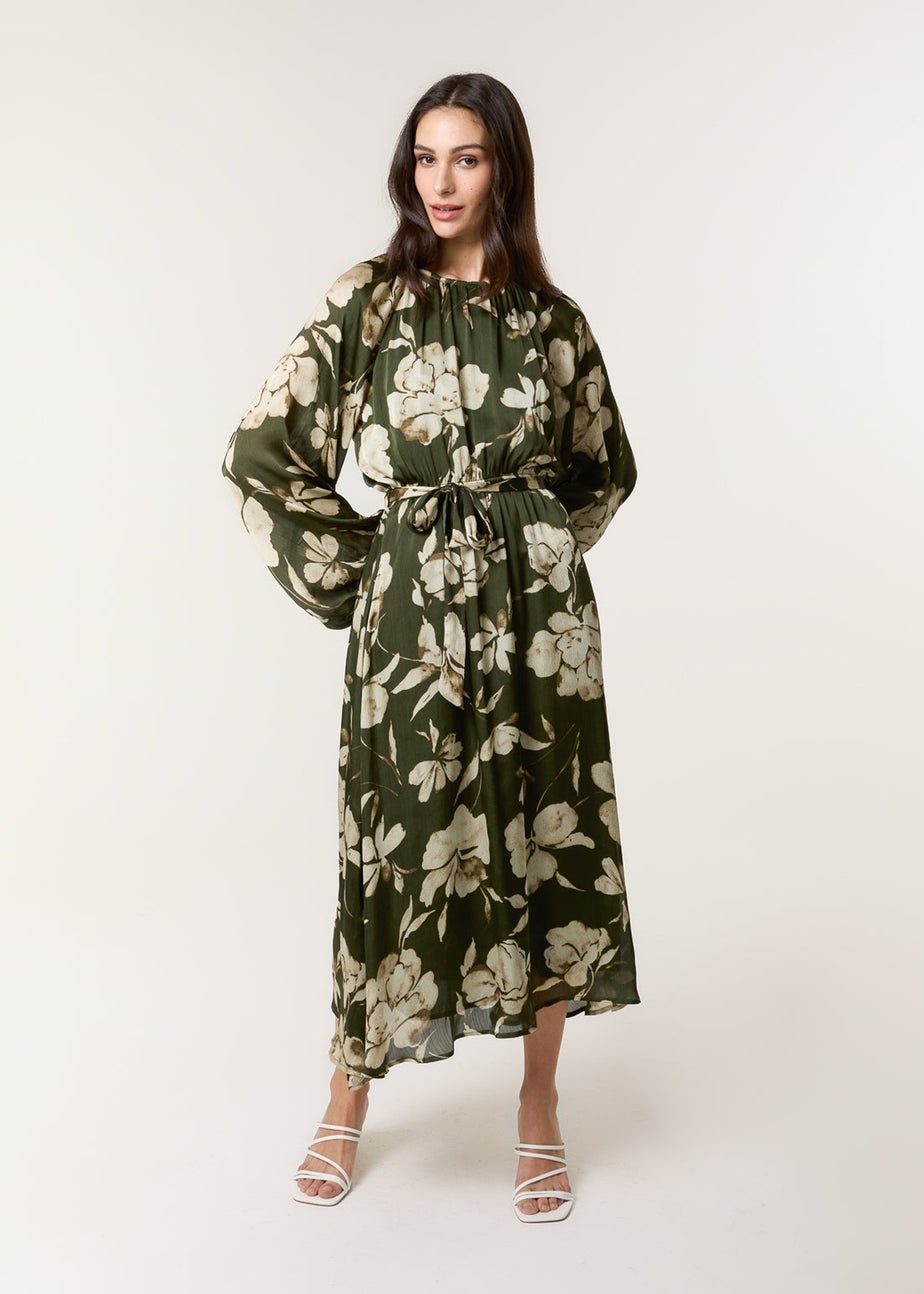 Blue Vanilla Khaki Satin Elastic Waist Midi Dress