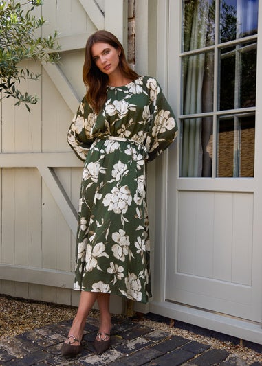 Blue Vanilla Khaki Satin Elastic Waist Midi Dress