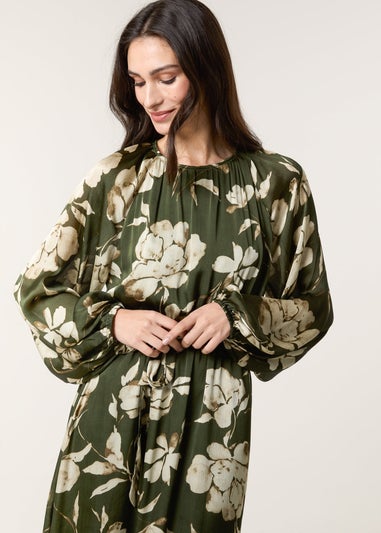 Blue Vanilla Khaki Satin Elastic Waist Midi Dress