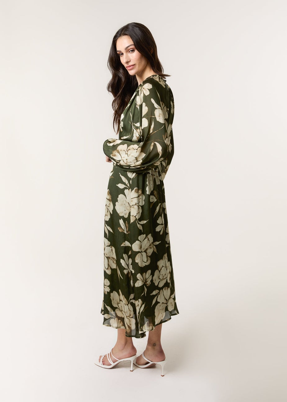 Blue Vanilla Khaki Satin Elastic Waist Midi Dress