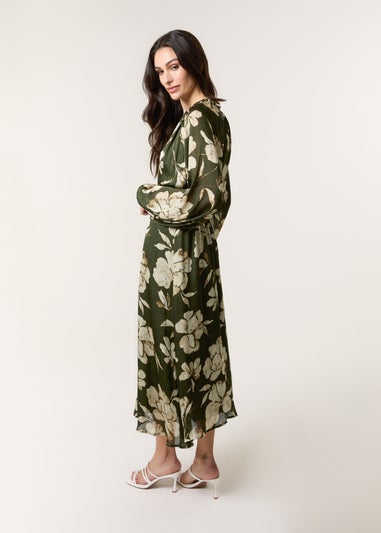 Blue Vanilla Khaki Satin Elastic Waist Midi Dress