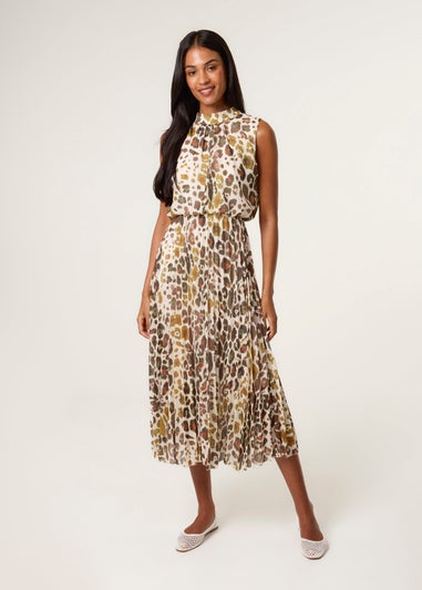 Blue Vanilla Brown Abstract Leopard Print Sleeveless Pleated Midi Dress