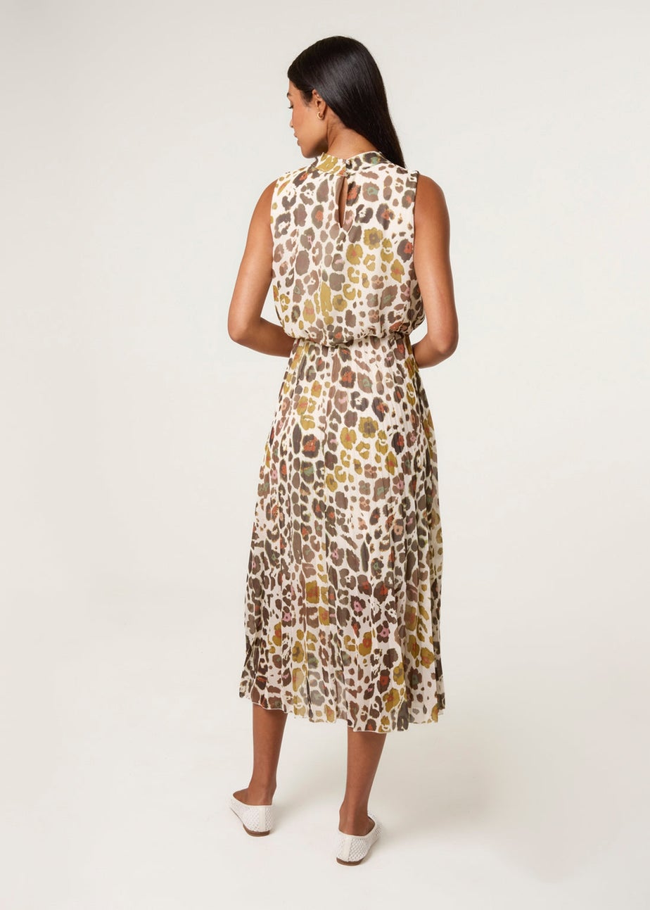Blue Vanilla Brown Abstract Leopard Print Sleeveless Pleated Midi Dress