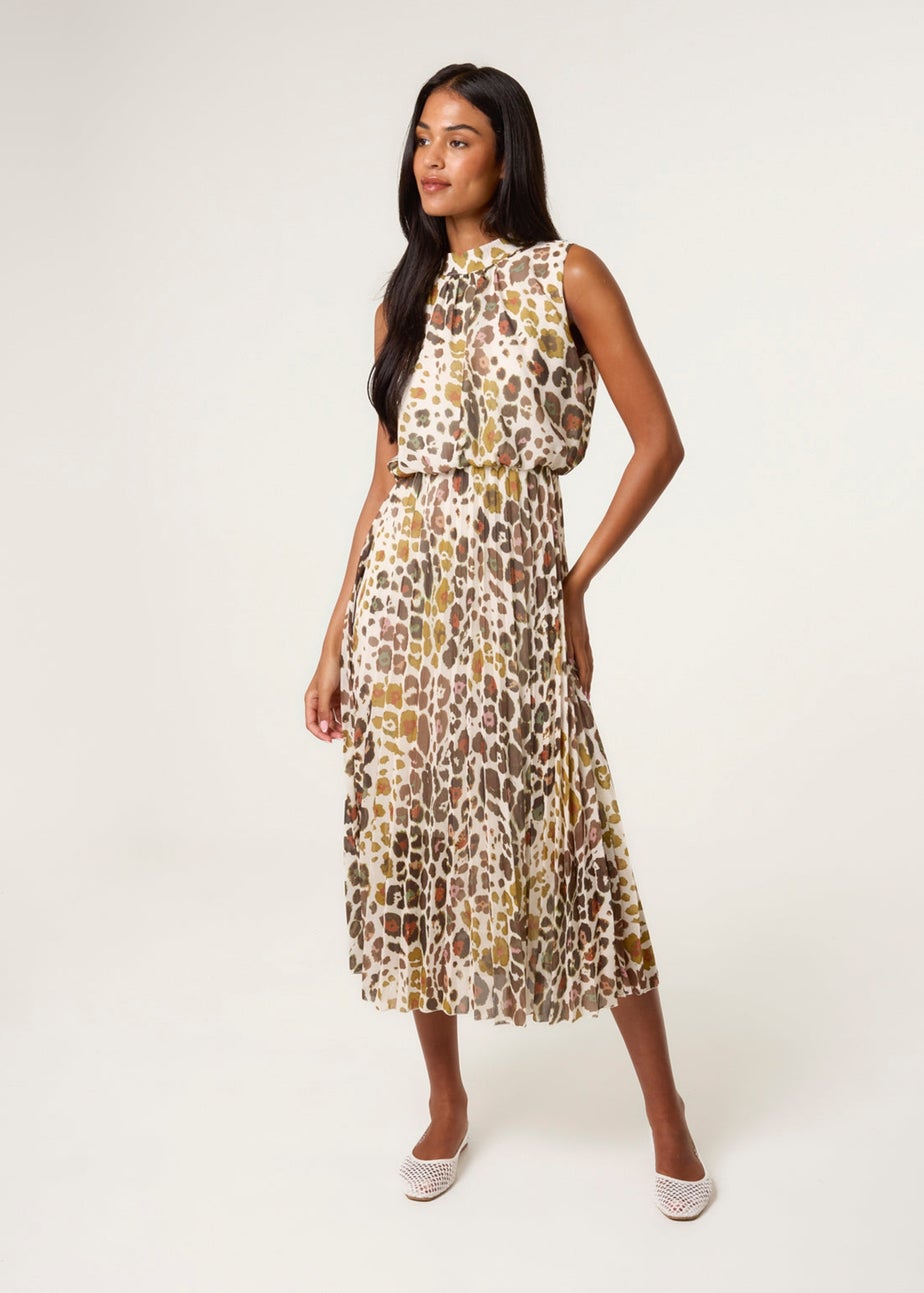 Blue Vanilla Brown Abstract Leopard Print Sleeveless Pleated Midi Dress