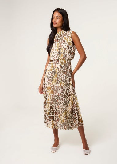 Blue Vanilla Brown Abstract Leopard Print Sleeveless Pleated Midi Dress