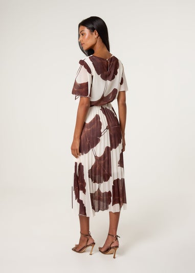 Blue Vanilla Brown Large Floral Print Scoop Neck Pleated Dress