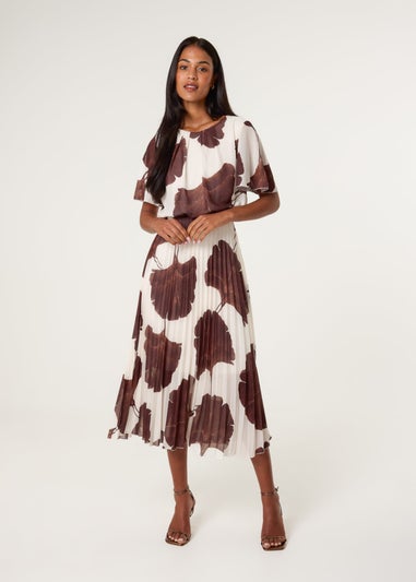 Blue Vanilla Brown Large Floral Print Scoop Neck Pleated Dress