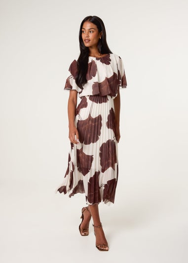 Blue Vanilla Brown Large Floral Print Scoop Neck Pleated Dress