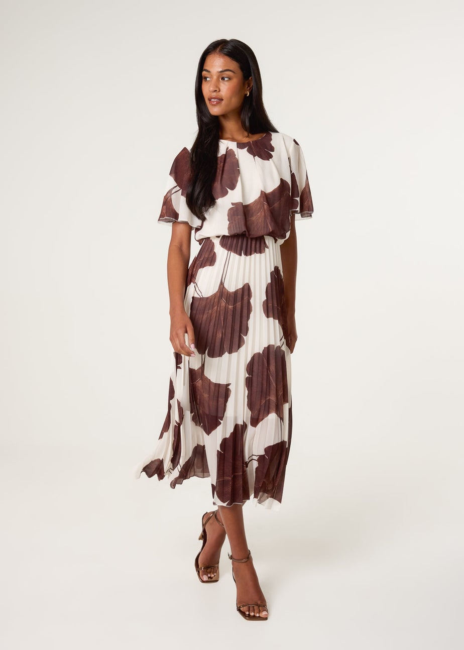 Blue Vanilla Brown Large Floral Print Scoop Neck Pleated Dress