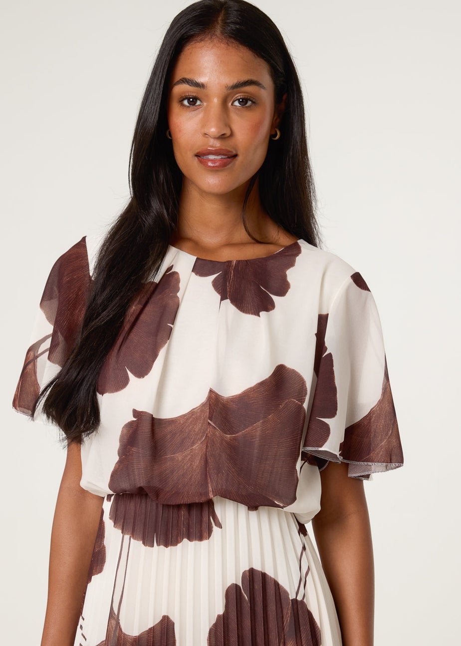 Blue Vanilla Brown Large Floral Print Scoop Neck Pleated Dress