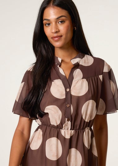 Blue Vanilla Brown Polka Dot Button Up Double Frill Dress