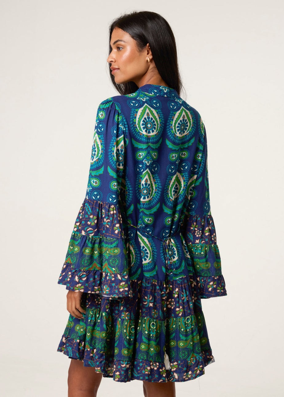 Blue Vanilla Turquoise Tiered Printed Long Sleeve Dress