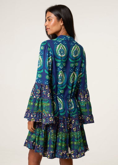 Blue Vanilla Turquoise Tiered Printed Long Sleeve Dress