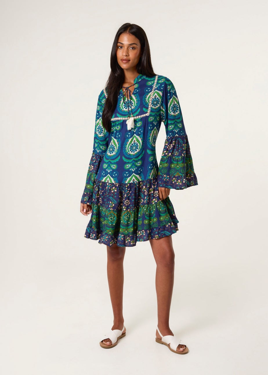 Blue Vanilla Turquoise Tiered Printed Long Sleeve Dress