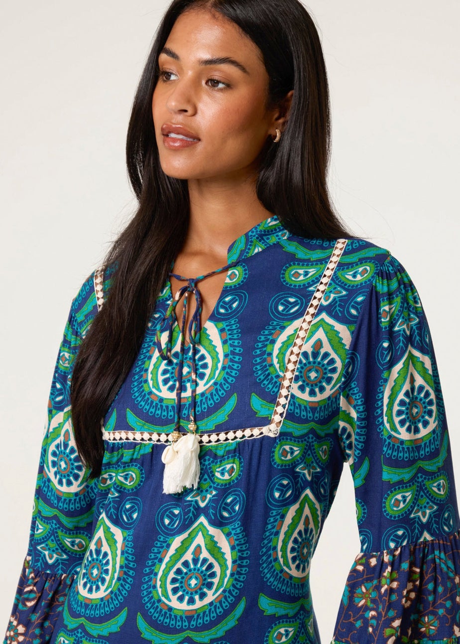 Blue Vanilla Turquoise Tiered Printed Long Sleeve Dress