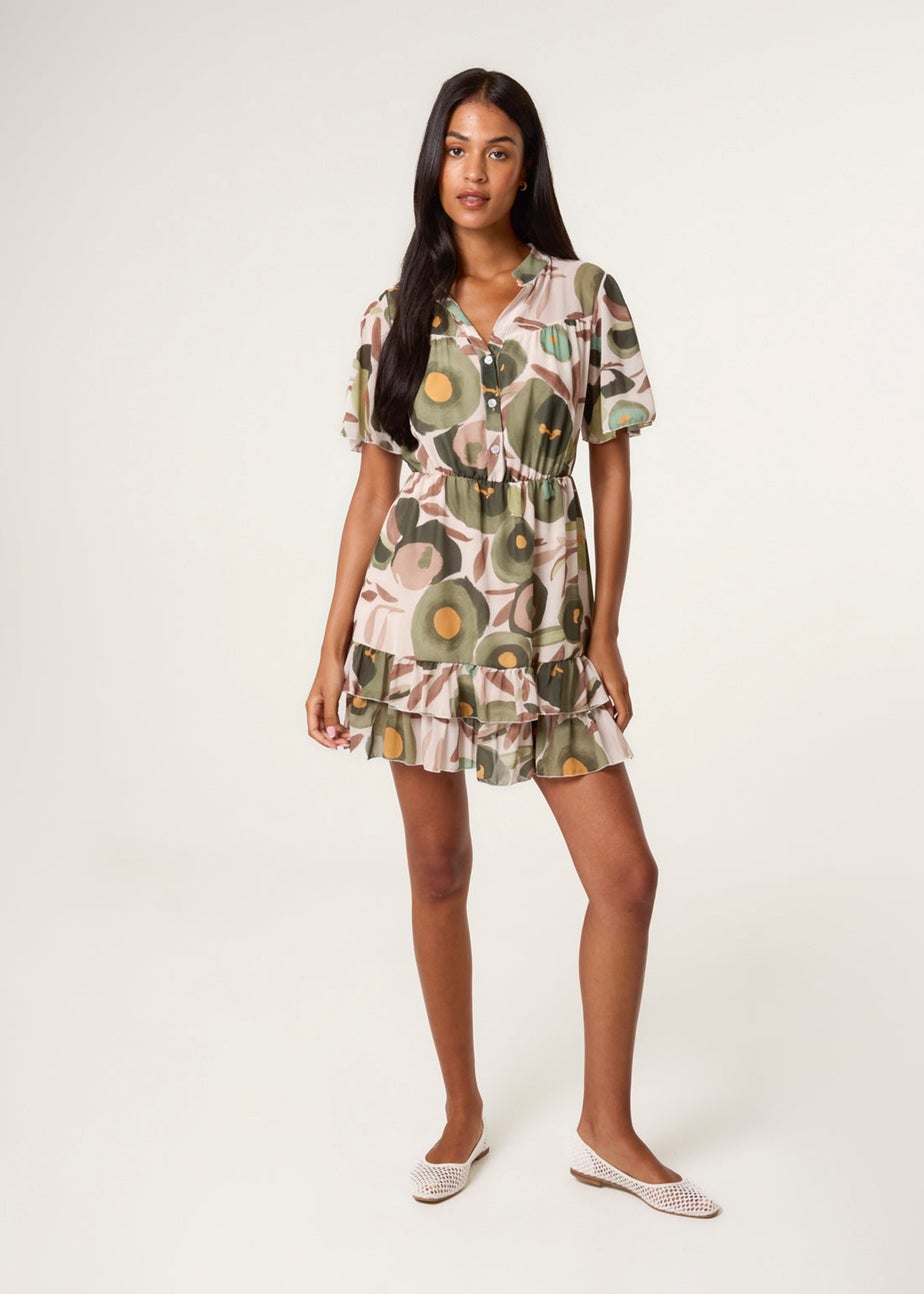 Blue Vanilla Green Printed Button Up Tiered Short Sleeve Dress