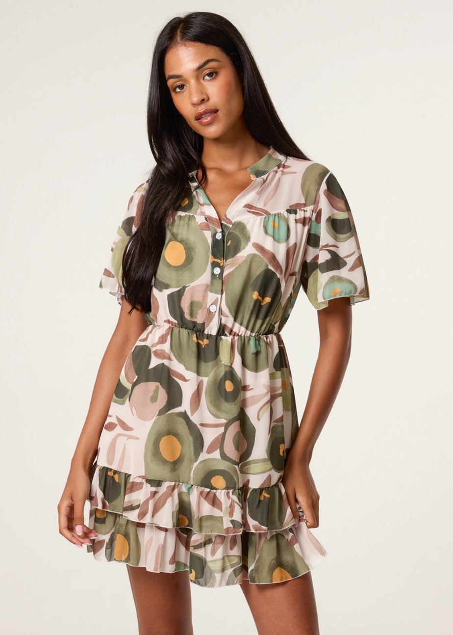Blue Vanilla Green Printed Button Up Tiered Short Sleeve Dress