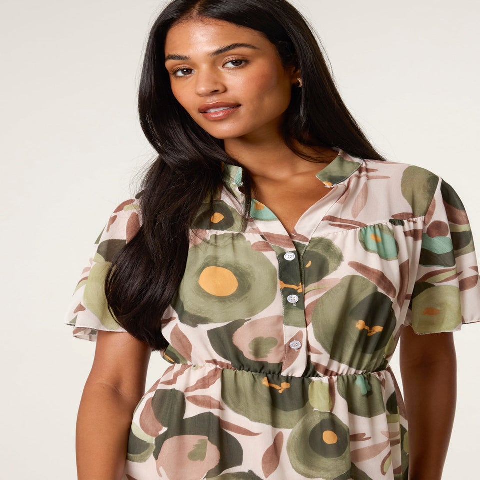 Blue Vanilla Green Printed Button Up Tiered Short Sleeve Dress