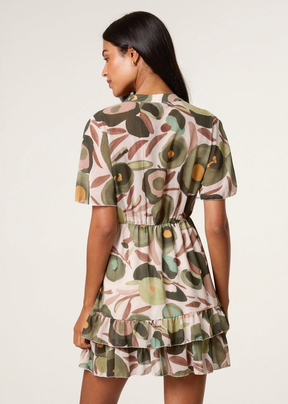 Blue Vanilla Green Printed Button Up Tiered Short Sleeve Dress