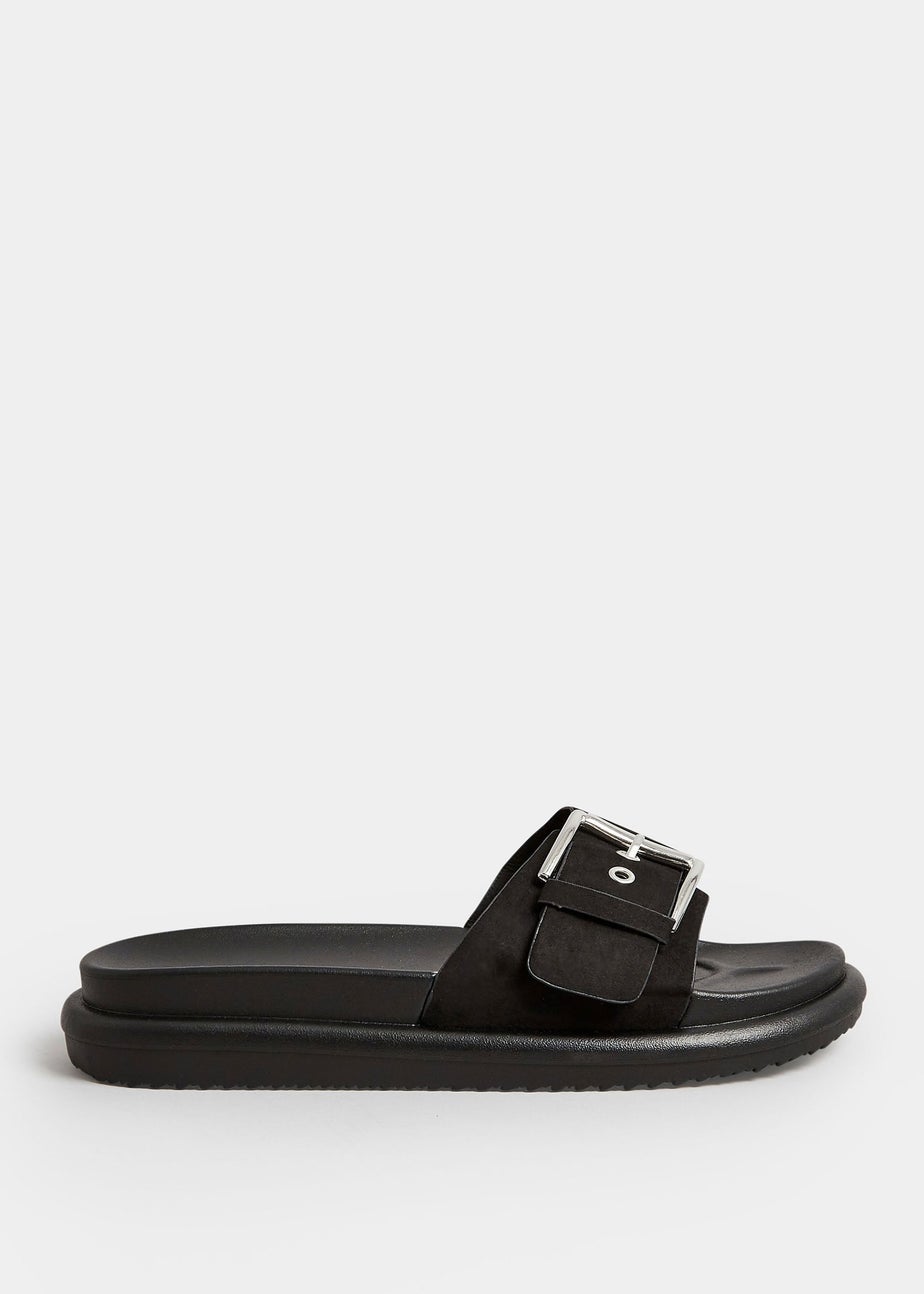 Yours Black Buckle Strap Mule Sandals In Wide E Fit