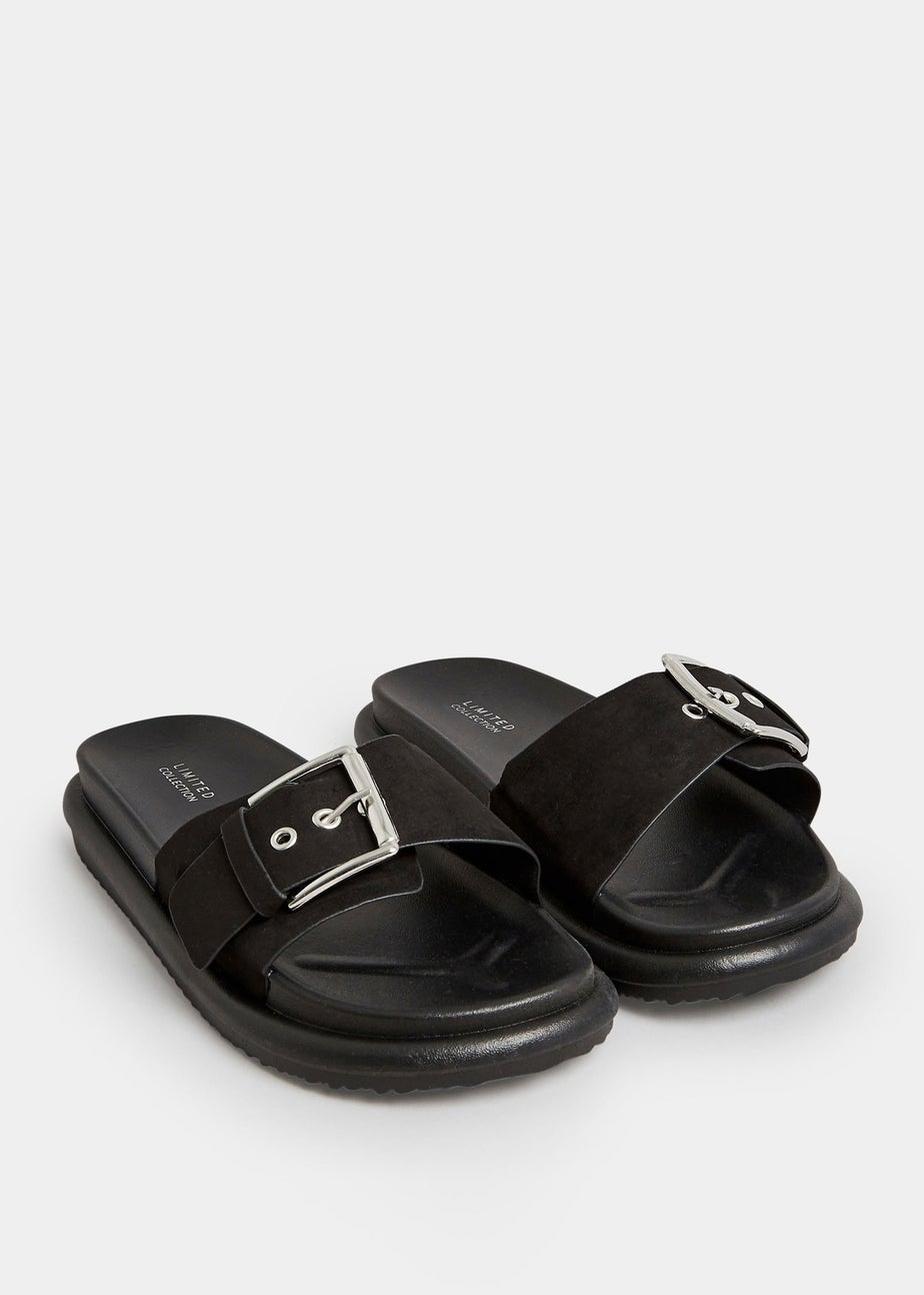 Yours Black Buckle Strap Mule Sandals In Wide E Fit