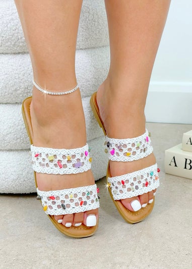 Love Lemonade White Sparkly Gemstone Double Strap Sliders