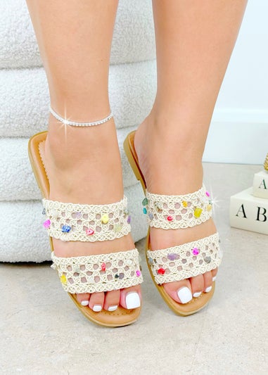 Love Lemonade Nude Sparkly Gemstone Double Strap Sliders
