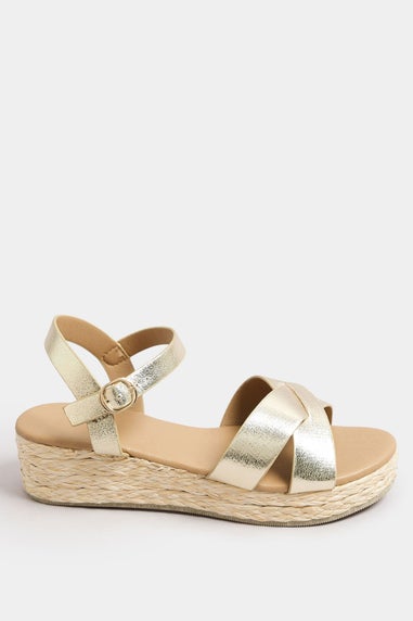 Yours Gold Cross Strap Platform Wedge Sandals In Extra Wide EEE Fit