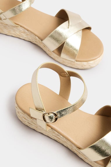 Yours Gold Cross Strap Platform Wedge Sandals In Extra Wide EEE Fit