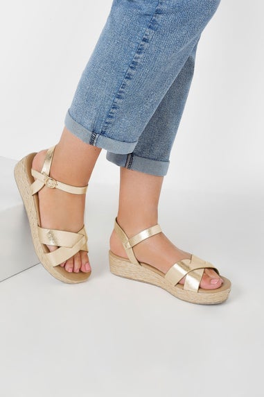 Yours Gold Cross Strap Platform Wedge Sandals In Extra Wide EEE Fit