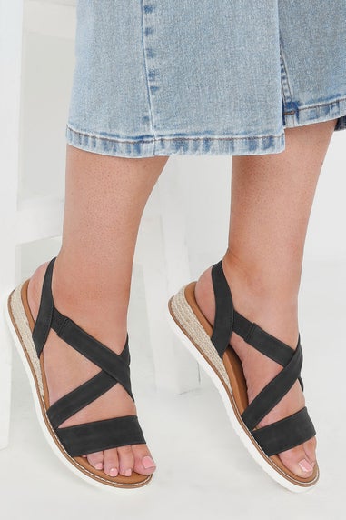 Yours Black Cross Over Strappy Wedge Sandals In Wide E Fit