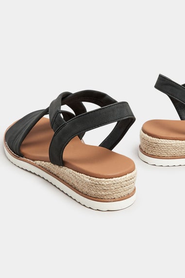 Yours Black Cross Over Strappy Wedge Sandals In Wide E Fit