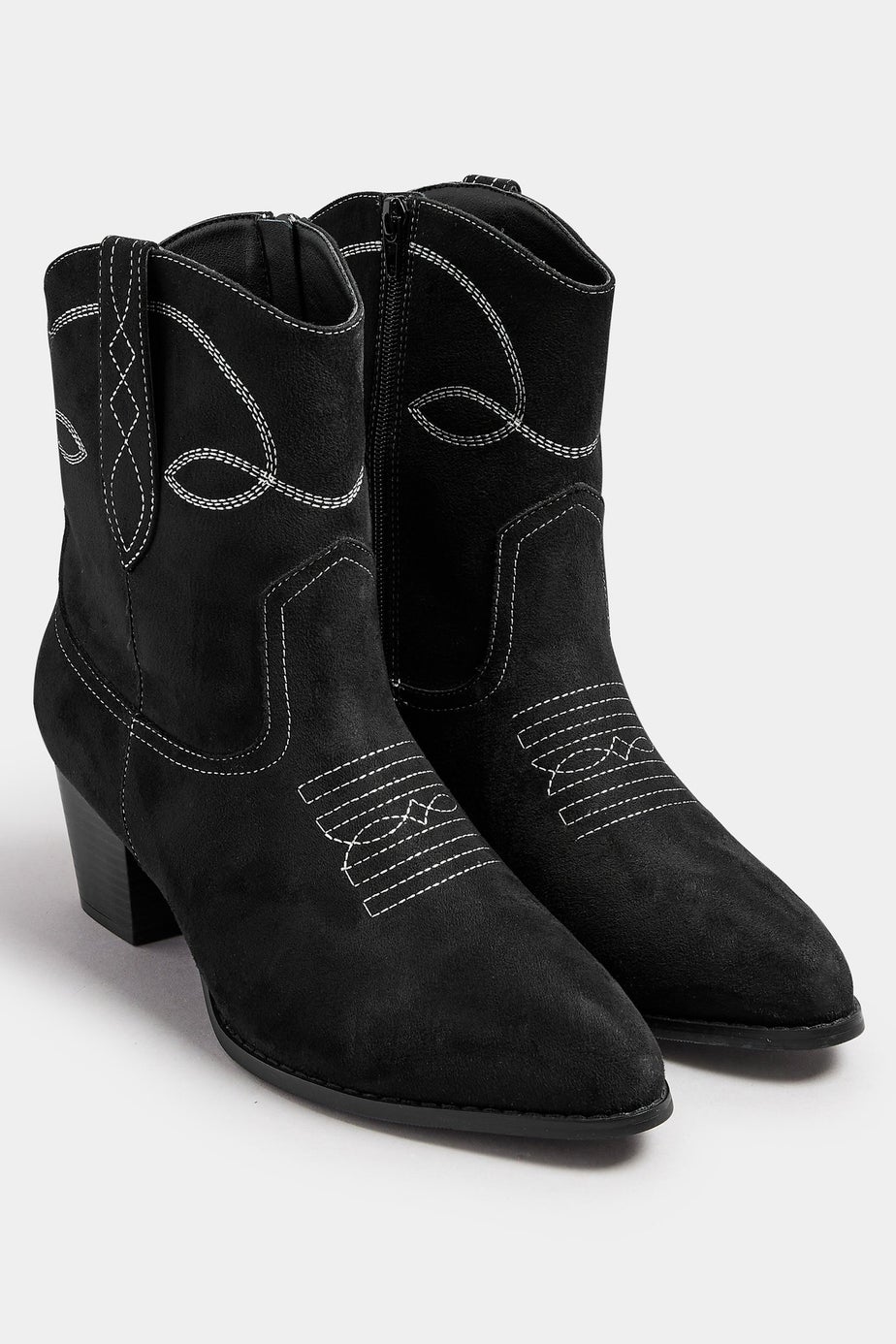 Yours Black Faux Suede Contrast Stitch Western Heel Ankle Boots In Extra Wide EEE Fit