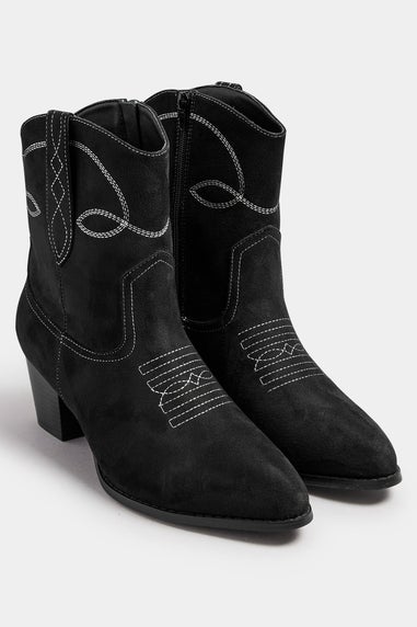 Yours Black Faux Suede Contrast Stitch Western Heel Ankle Boots In Extra Wide EEE Fit