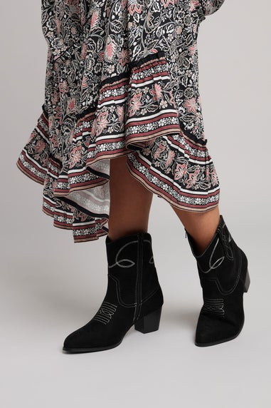 Yours Black Faux Suede Contrast Stitch Western Heel Ankle Boots In Extra Wide EEE Fit