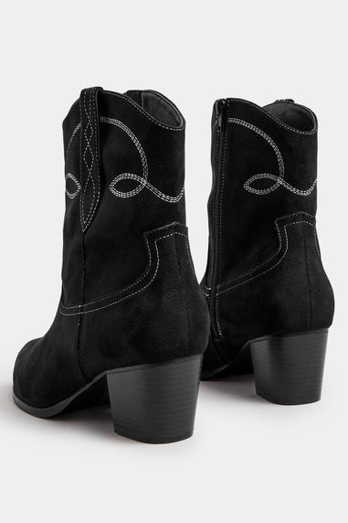 Yours Black Faux Suede Contrast Stitch Western Heel Ankle Boots In Extra Wide EEE Fit