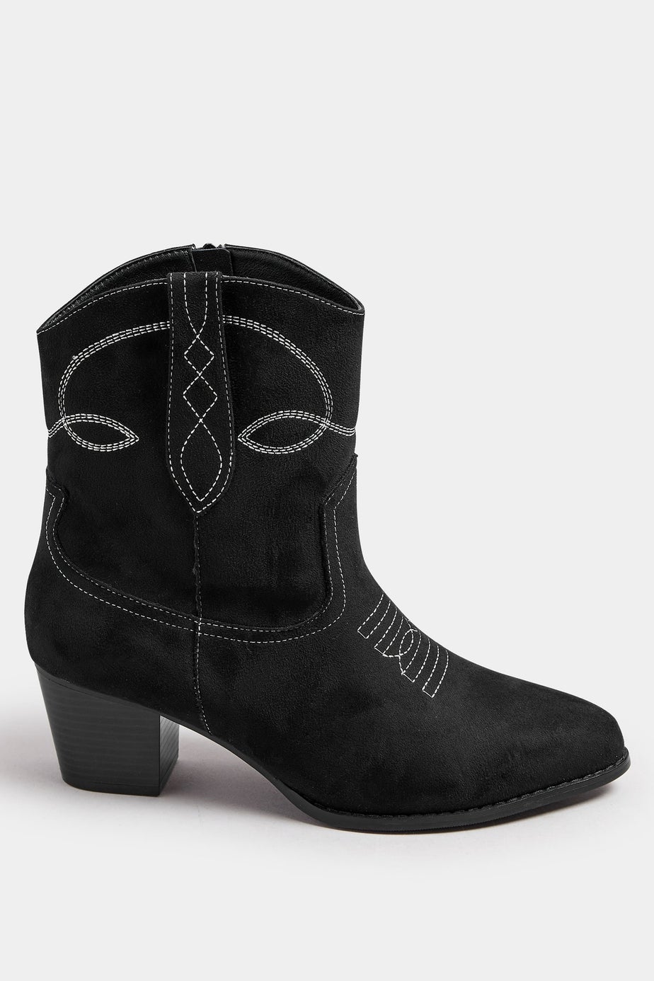 Yours Black Faux Suede Contrast Stitch Western Heel Ankle Boots In Extra Wide EEE Fit