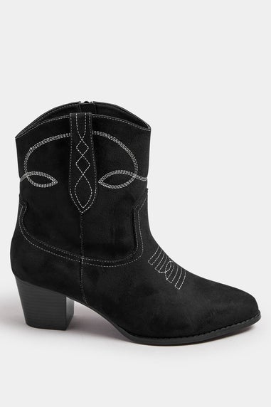Yours Black Faux Suede Contrast Stitch Western Heel Ankle Boots In Extra Wide EEE Fit
