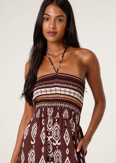 Blue Vanilla Brown Ethnic Print Strapless Elasticated Jumpsuit