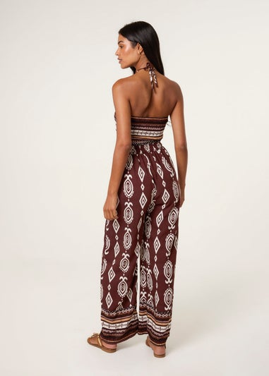 Blue Vanilla Brown Ethnic Print Strapless Elasticated Jumpsuit