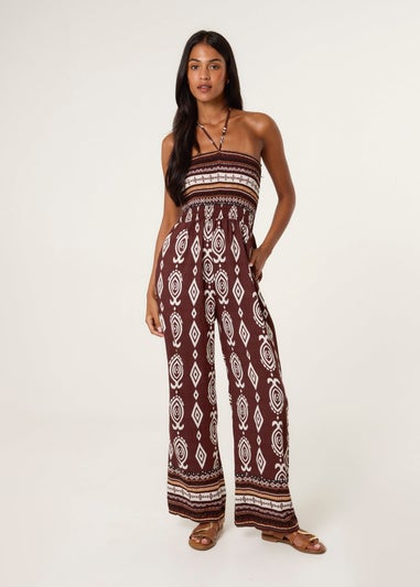 Blue Vanilla Brown Ethnic Print Strapless Elasticated Jumpsuit