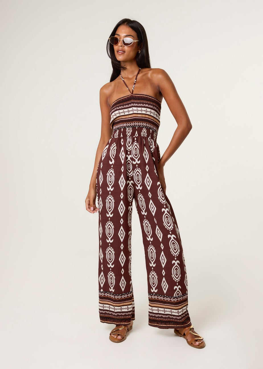 Blue Vanilla Brown Ethnic Print Strapless Elasticated Jumpsuit
