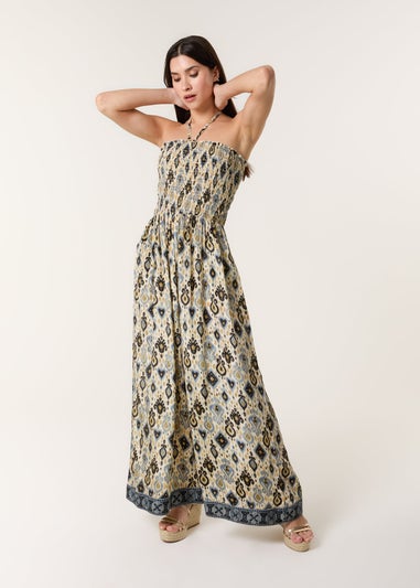 Blue Vanilla Multi Printed Bandeau Tie Neck Shirred Jumpsuit