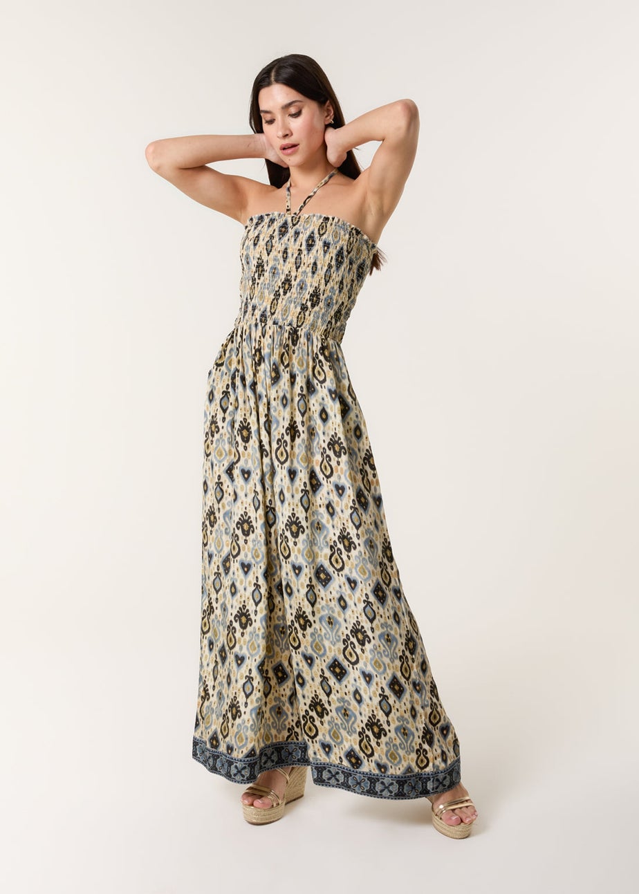 Blue Vanilla Multi Printed Bandeau Tie Neck Shirred Jumpsuit