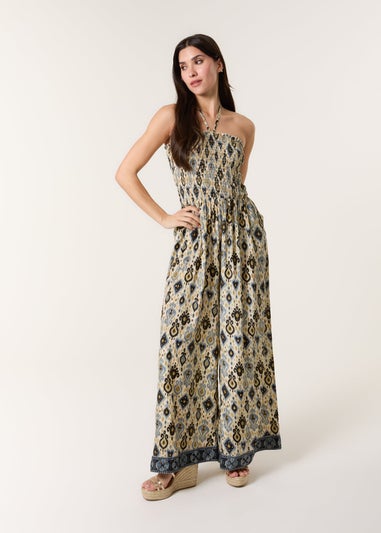 Blue Vanilla Multi Printed Bandeau Tie Neck Shirred Jumpsuit